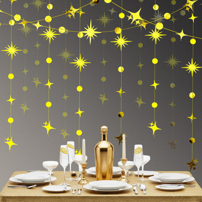 Affrolling 105 Feet Glitter Gold Four-Angle Star and Circle Dot Paper Garland Banner Decor Twinkle Hanging Bunting Banner Backdrop for Birthday Wedding Graduation Disco 2026 Party Decorations