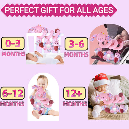 chochumy Spiral Car Seat Toy for Babies 0-6-12 Months Girl, Stroller Hanging Baby Toys 0-3-4-5-6-7-8-9-12 Month Old Newborn Infant Toddler Rabbit Gifts Travel Carseat Mirror Crinkle Bunny Accessories