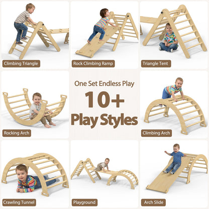 CMFYDAILY Large Pikler Triangle Set, 7-in-1 Toddler Climbing Toys Indoor, Wooden Montessori Climbing Set with Arch Ramp Ladder, Foldable Baby Jungle Gym Playground (Wood Natural)