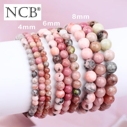 NCB 3-Piece 8mm Natural Crystal Gemstone Stretch Bracelets – ﻿Rhodochrosite, Pink Zebra, Pink Black Rhodonite Handmade Reiki Energy Healing Jewelry for Meditation,Yoga, Unisex