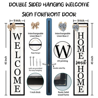 Surfapans Outdoor Welcome Sign for Front Porch Standing Large 2 Sided 45"X9" Wooden Frame Tall Vertical Leaner Long Home Sweet Home Front Door Sign for Rustic Outside Farmhouse Modern Decor (Black)