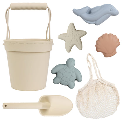 BLUE GINKGO Silicone Beach Toys - Modern Baby Beach Toys | Travel Friendly Beach Set | Silicone Bucket, Shovel, 4 Sand Molds, Beach Bag | Silicone Sand Toys for Toddlers, Kids - Beige
