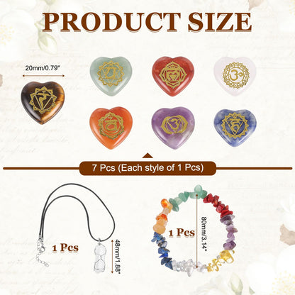 MECCANIXITY 7 Chakra Stone Set (Heart-Shaped) with Irregular Stone Bracelet & Necklace Gift Box for Healing Crystals Balancing Tumbled Palm Stone Meditation