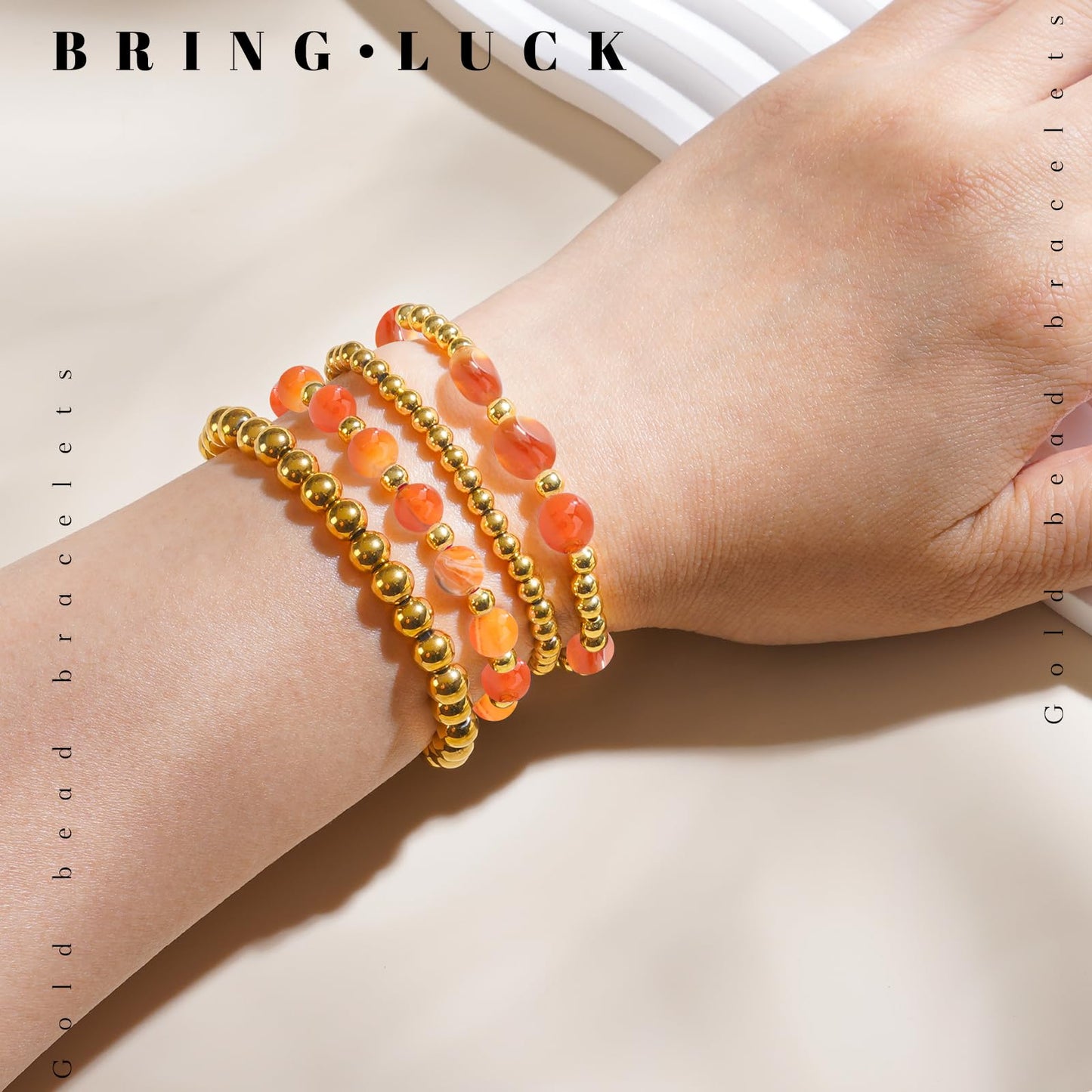 MORIANCE Carnelian & Gold Bead Stackable Bracelet Set for Women - 4pcs (2x Carnelian Stretch, 2x Gold Beaded) - Orange, Classic Style - Anniversary, Birthday