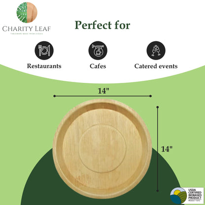 Charity Leaf Disposable Palm Leaf 14" Round Trays (10 pieces) Bamboo Like Serving Platters, Disposable Boards, Eco-Friendly Dinnerware For Weddings, Catering, Events