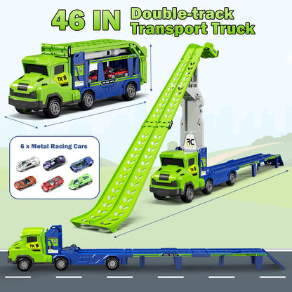 BainGesk Truck Car Toys for 3, 4, 5, 6 Years Old Boys Girls, 3 in 1 Carrier Truck with 2 Foldable Race Tracks, Transport Car with 6 Metal Cars, Birthday Toys Gifts for Toddlers
