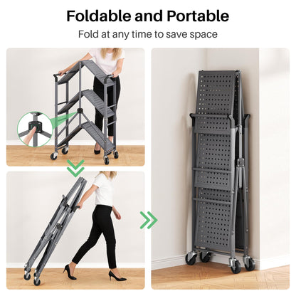 3 Tier Utility Carts - Folding Metal Rolling Cart with Wheels for Kitchen Office Garage Storage, Grey