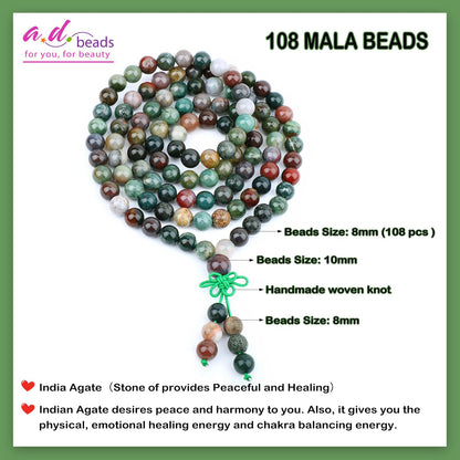AD Beads 8mm 108 Prayer Mala India Agate Elastic Bracelet - Provides Peaceful and Healing - Handmade Yoga Meditation Healing Power Energy Gifts for Unisex Adult.