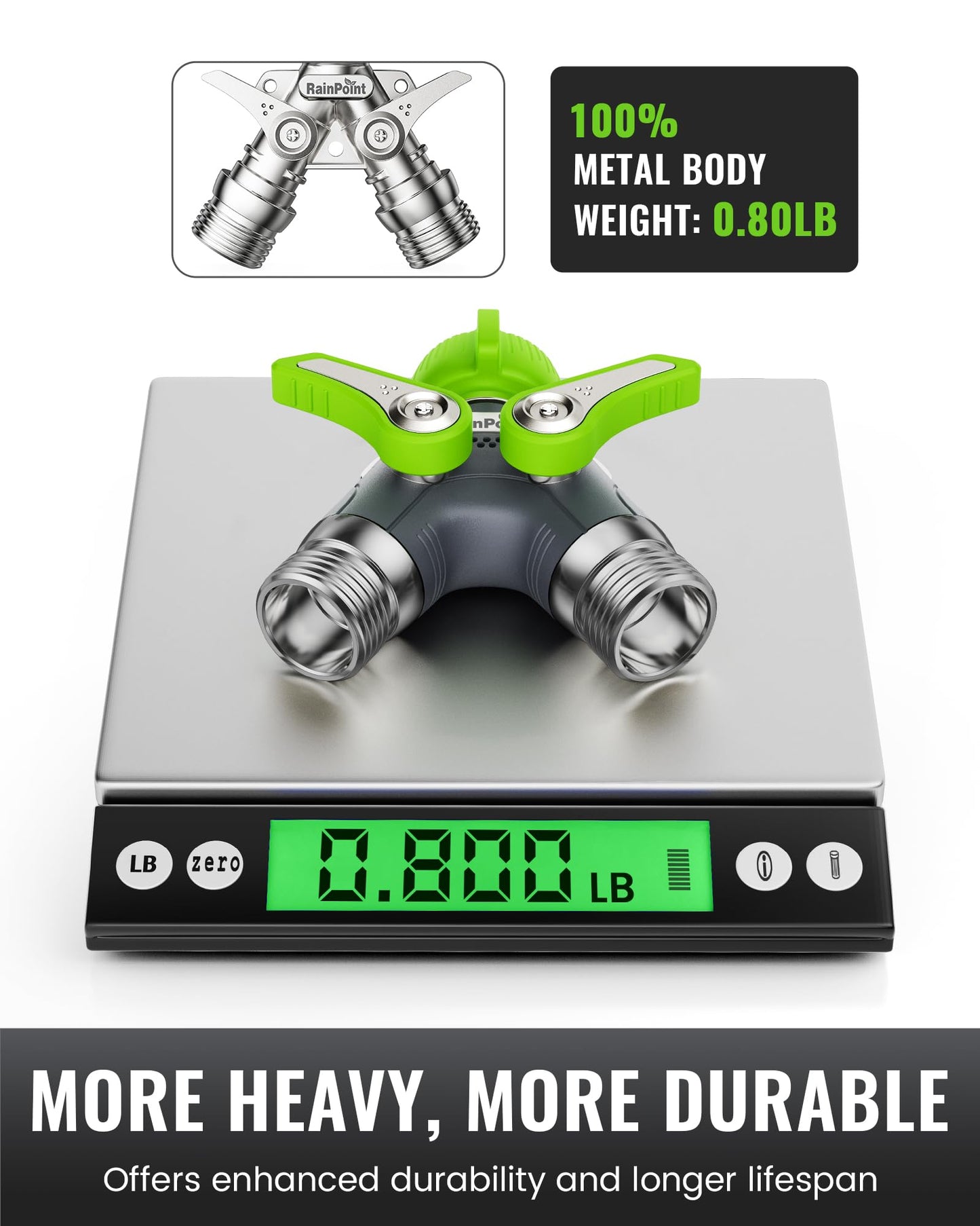 RAINPOINT Garden Hose Splitter, 2 Way Heavy Duty Water Hose Y Spigot Splitter with Shutoff Valves, 100% Metal Body Outdoor Faucet Splitter, 1.9" Extra Long Metal Handle, 3/4" GHT Thread (1, Green)