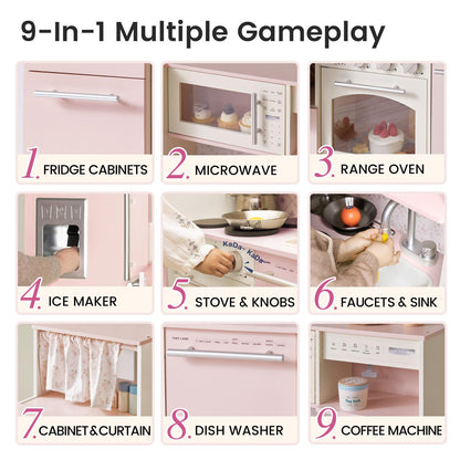 Tiny Land Play Kitchen for Kids, Upgraded Wooden Kitchen Toy with Complete Play Areas, Pretend Cooking Set with Sink, Stove, Microwave, Toy Coffee Station & Storage for Kids Ages 3+