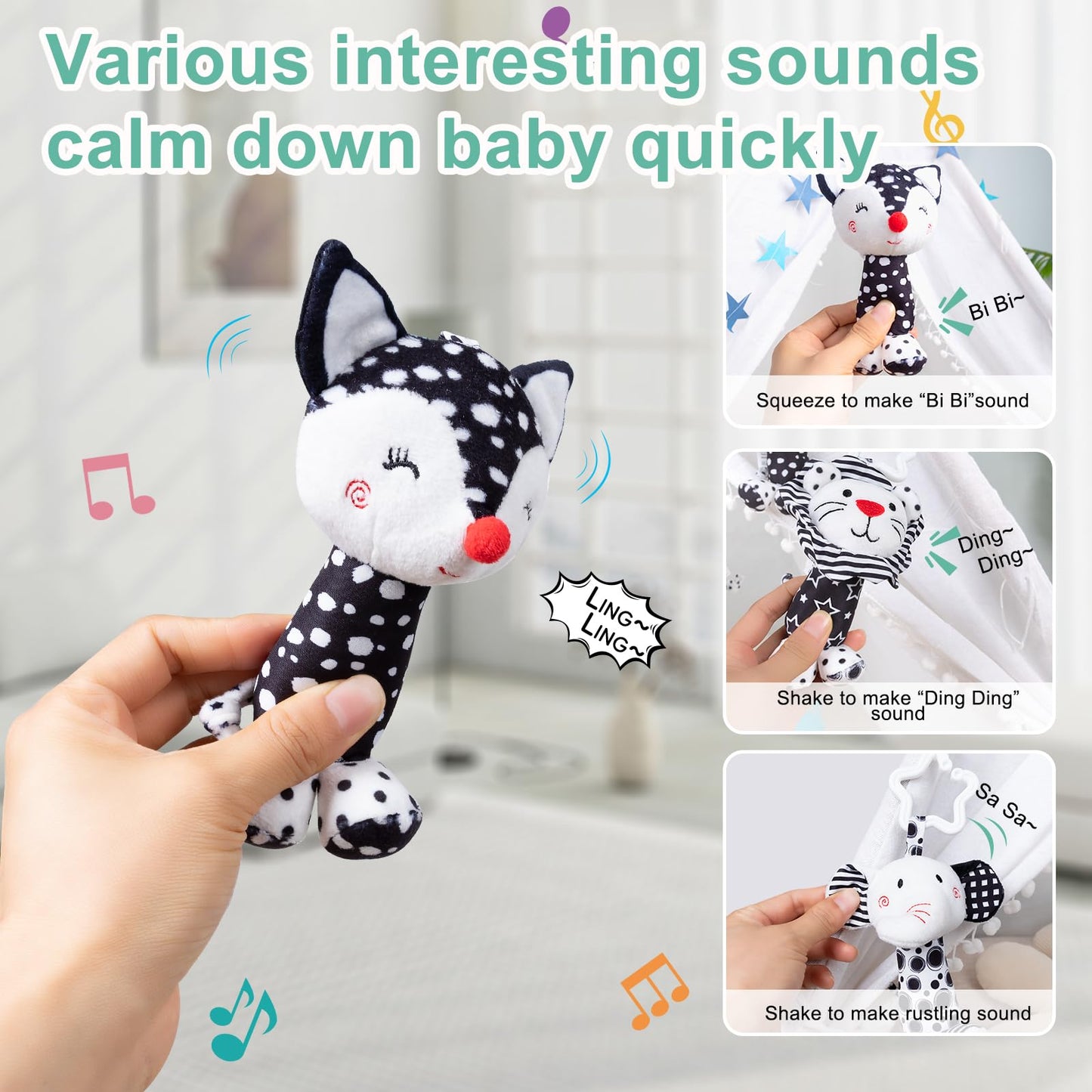 JINBOBUBU Black & White Baby Wind Chime Hanging Toys - High Contrast Rattles for Newborns 0-12 Months, Stroller & Car Seat Mobile, Hanging Rattle Toys for Babies, Clip Hanging Plush Squeeze Toys