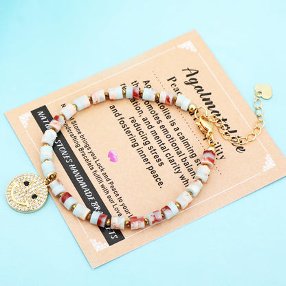 Natural Gemstone Healing Crystal Agalmatolite jasper Dainty Charms Happy face Bracelet Adjustable Chain Extender Minimalist Jewelry