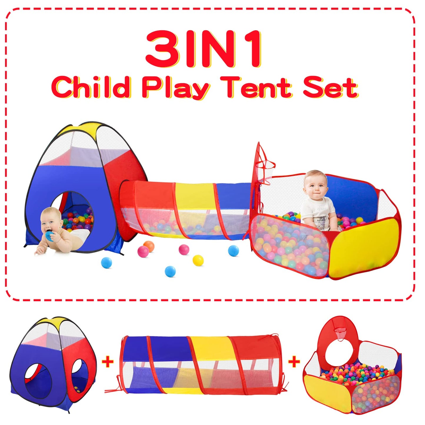 GeerWest 3 in 1 Kids Play Tent for Toddler with Baby Ball Pit and Play Tunnel, Children Indoor Outdoor Playhouse with Climbing Tunnel Toy for Toddlers, Boys and Girls Best Birthday Gifts（No Balls）