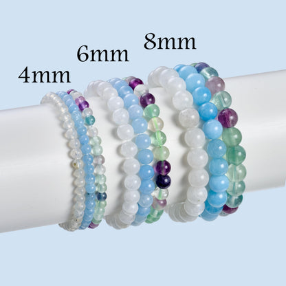 Bivei 3-Piece 8mm Beaded Bracelets for Women – Moonstone, Aquamarine, Fluorite – Handmade Natural Crystal Stretch Elastic Jewelry for Meditation, Yoga, Protection Gifts