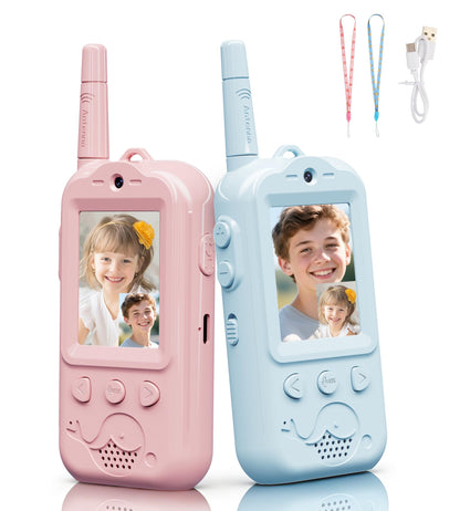 Dual Cameras Video Walkie Talkies for Kids, 2 Pack Rechargeable Kids Walkie Talkies Real-Time Video Chat, 2.0" Screen, Voice Intercom, Emoji, Photo, Music, Birthday Gifts for Boys Girls Age 3-9