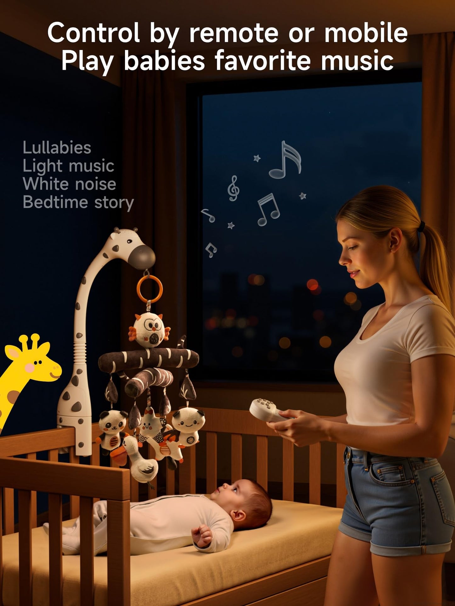 TUMAMA Baby Crib Mobile, Nursery Musical Mobile with Remote Control,Projection Night Light, Music and White Noise, Mute Spin Motor Nursery Sensory Toys for Infant 0 3 6 9 Month Newborn Xmas Gift