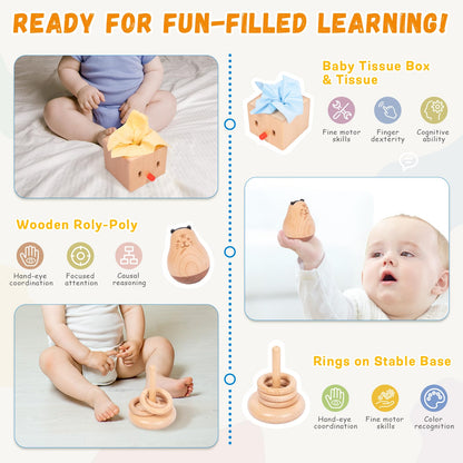 Adena Montessori Play Kit for 5-6 Months Baby,8 in 1 Learning Educational Toys for Toddler,Include Rainbow Spining Drum,Mirror Puzzle,Baby Tissue Box and More,Christmas Birthday Gift for Boys Girl