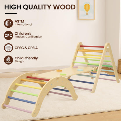 Belleur Pikler Triangle Set, 7-in-1 Foldable Climbing Toys for Toddlers 1-6 Years Old, Wooden Montessori Climbing Set with Arch, Ramp & Ladder, Baby Indoor Climber Jungle Gyms - Rainbow
