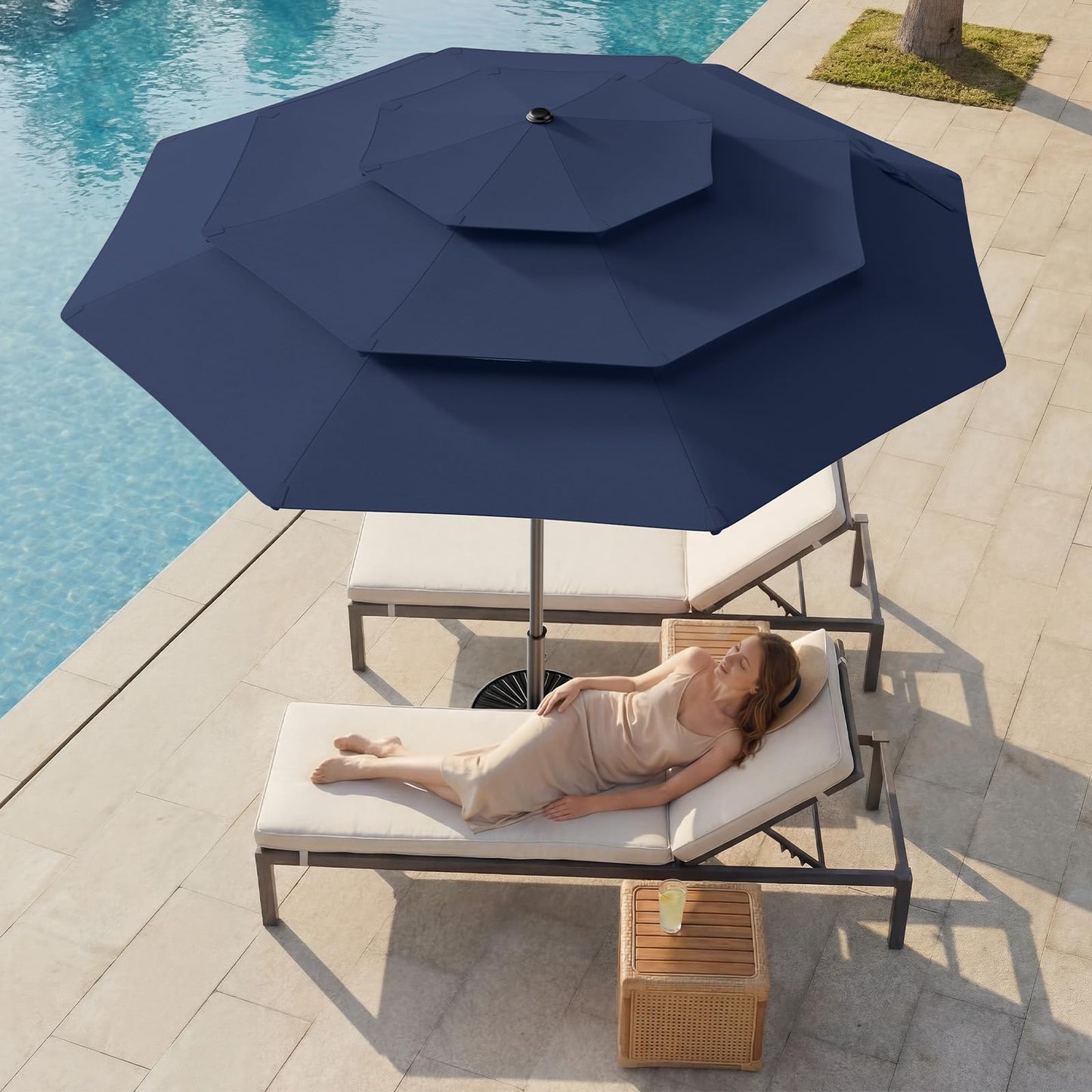 HOMSHADE 9FT 3-Tiers Outdoor Patio Umbrella with 5-Year Fade Resistant,Vented Outdoor Commercial Market Umbrella with UPF50+ UV Protection & Push Button Tilt and Crank for Pool,Backyard(Navy Blue)