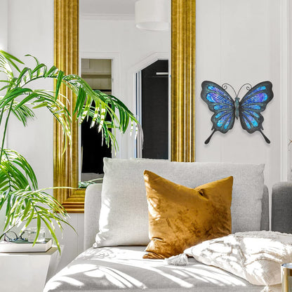 HONGLAND Metal Butterfly Wall Decor Outdoor Indoor Art Sculpture Hanging Glass Decorations Blue for Home Garden Bedroom (Blue)