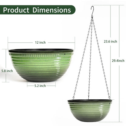 Vanslogreen 12 inch Hanging Planters for Indoor Outdoor Plants, 2 Pack Large Hanging Flower Pots with Drainage Holes and Chain, Glazed Hanging Baskets for Home Garden Decoration, Green