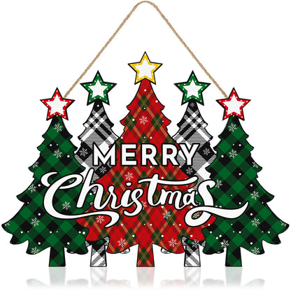 Wooden Merry Christmas Door Sign,Christmas Tree Door Wreath for Front Sign Wall Signs,Decoration Farmhouse Hanging Plaque,Hanging for Home Wall Decor Party(Red)