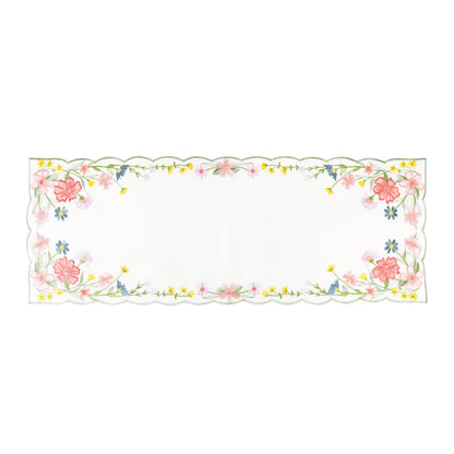 Chlophy Spring Table Runner Embroidered Wildflower Scalloped Small Floral Table Runner Farmhouse Short Flower Runner for Coffee Table Dining Decoration 36 inch Beige