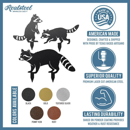 RealSteel - Garden Art Raccoon Family 3 Pack | Metal Yard Decor | Outdoor Garden Stakes | Wildlife Animal Decor | Custom Steel Art | Rust Resistant | Lawn Ornaments for Garden & Pathways (Rust)