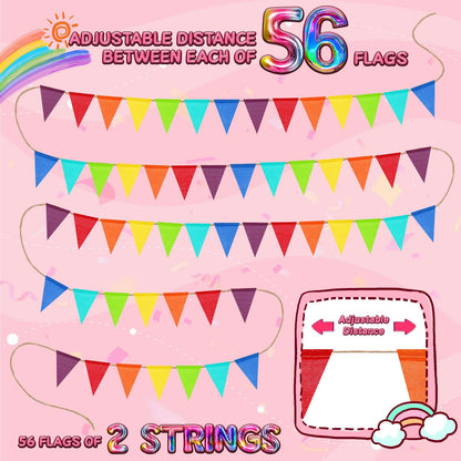 Jutevo 112 Flags/72ft Pennant Banner Flags Garland, Triangle Banner Pennant Flags on a String, Rainbow Burlap Pennant Banner Garland Bunting Banner for Outdoor Birthday Party Decorations Rainbow