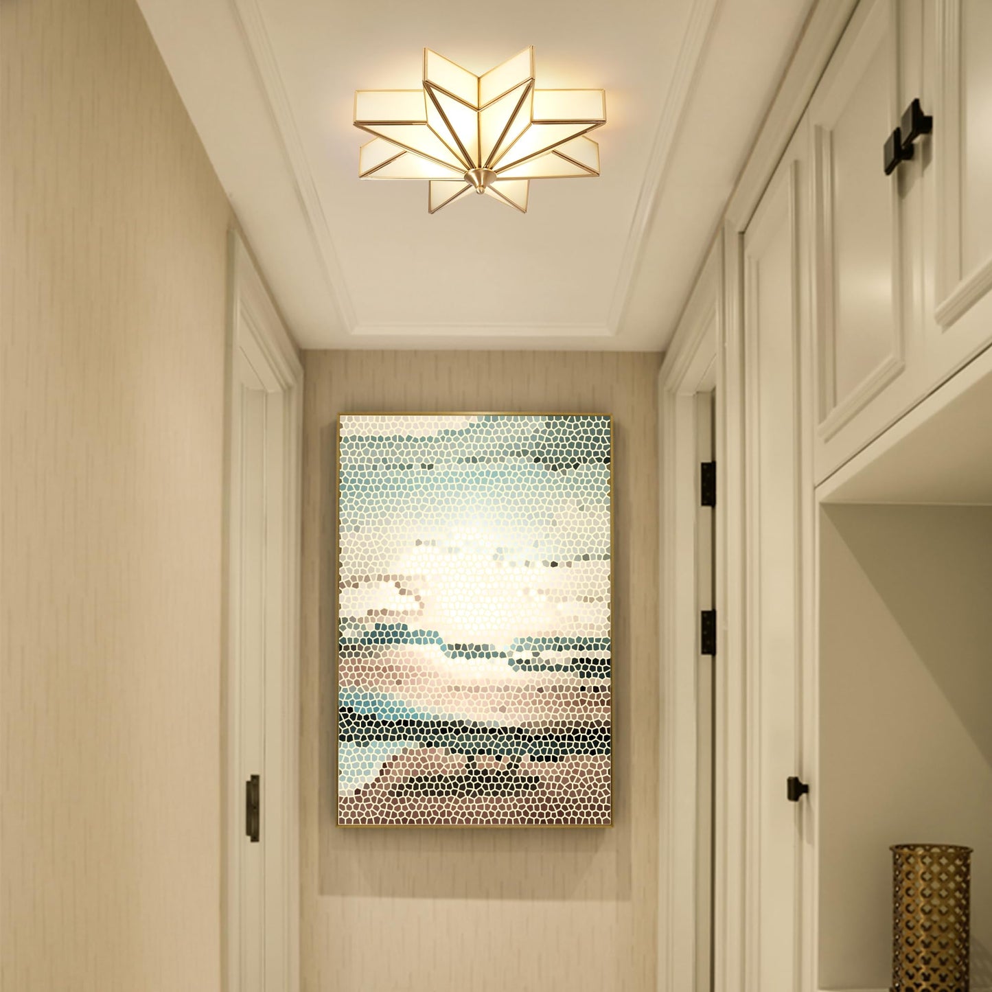 Aeyee Star Glass Ceiling Light with Ceramic Light Socket Brass Flush Mount Ceiling Light Fixture with Frosted Glass Shade Mid Century Moravian Star Light for Bedroom Foyer Living Room (19.7")