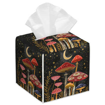 Colorful Mushrooms and Crescent Moon Tissue Box Cover Leather Tissue Box Holder Square Facial Paper Case Organizer Dispenser for Bathroom Vanity Countertop Tabletop Car Office