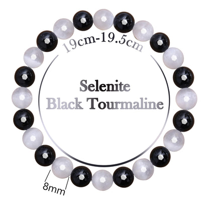 BONNY BOXX Mixed 8mm Natural Stone Bracelet for Purification, Handmade Stretch Selenite Black Tourmaline Bracelet Adjustable Crystal Healing Jewelry for Unisex Spiritual Gift