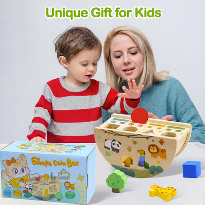 Humerry Montessori Busy Box for Toddlers 1-3, Wooden Object Permanence Coin Box with Shape Sorter & Animal Matching, Sensory Fine Motor Learning Toy with Wobble Base, Gift for 1 2 3 Year Old