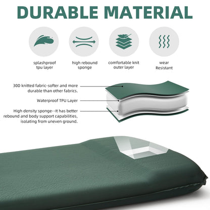 INVOKER 3.15" Self Inflating Camping Sleeping Pad, Ultra-Thick Elasticity Foam Fast Inflating 4-Season Insulated Durable Camping Mat Air Mattress with Pillow, for Tent, Car, Camping, Traveling, Green