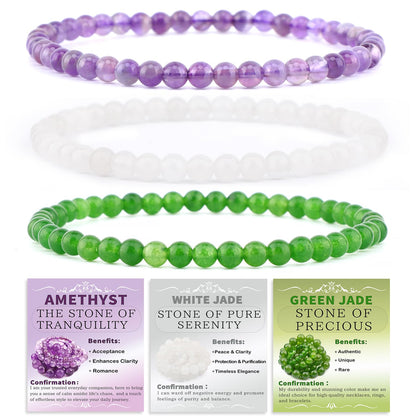 NCB 3-Piece 4mm Natural Crystal Gemstone Stretch Bracelets – ﻿Amethyst, Green Jade, White Jade Handmade Reiki Energy Healing Jewelry for Meditation,Yoga, Unisex