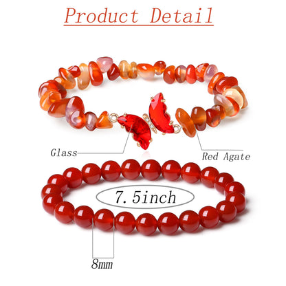 DUQGUHO 2Pcs Red Carnelian Bracelet for Women Butterfly Bracelet Gift for Women Healing Crystal Bracelet Natural Red Agate Jewelry 8mm Red Crystal Beaded Bracelet Gift for Birthday
