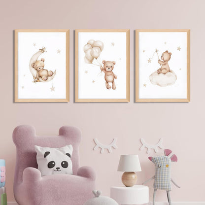 Framed Teddy Bear Wall Art Nursery Decor Set of 3, Bear Sleeping on The Moon and Stars Pictures Canvas, Neutral Bears Poster Prints Wall Decor for Kids Baby Room Girls Children Room – 12x16 inch