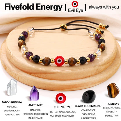 Cute Evil Eye Bracelet Red Black - Natural Crystal Protection Adjustable Spiritual Guardian Jewelry- 5 Healing Stones Clear Quartz Amethyst Black Tourmaline Tiger Eye Bracelet Adjustable (Red Eye-Black Rope)
