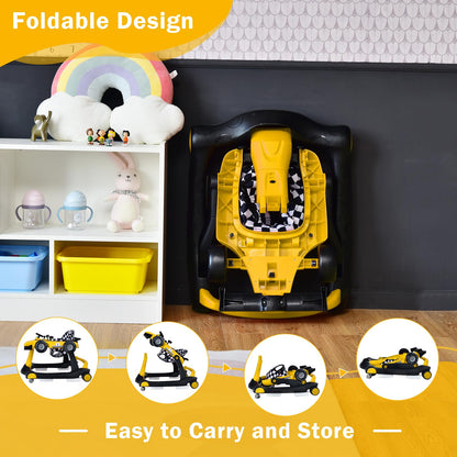 GLACER Foldable Baby Walker, 4-in-1 Infant Walker with Adjustable Height & Speed, Music, Light, Steering Wheel & Washable Cushion, Baby Walker Activity Center for Boys Girls 6 –18 Months (Yellow)