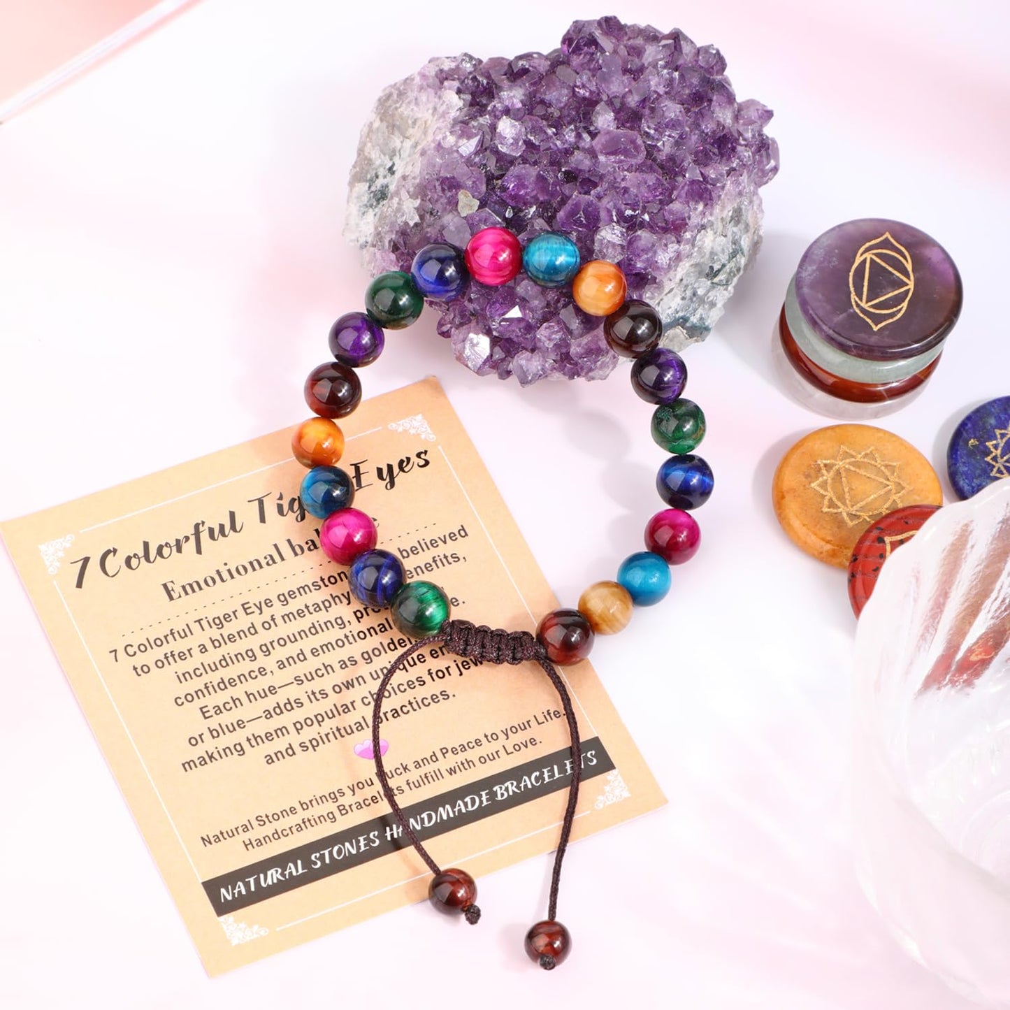 AD Beads 6mm 7 Colorful Tiger Eyes - Emotional balance - Handmade Natural Stone Crystal Bracelet with Adjustable Macrame String - Yoga Healing Power Energy Gifts for Men and Women
