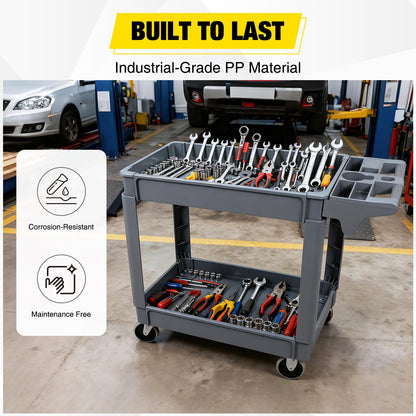 POTOLON Heavy Duty 2-Shelf Plastic Utility Cart - 550 lbs Capacity Rolling Service Cart with 5" TPU Silent Wheels & Integrated Tool Handle - Grey