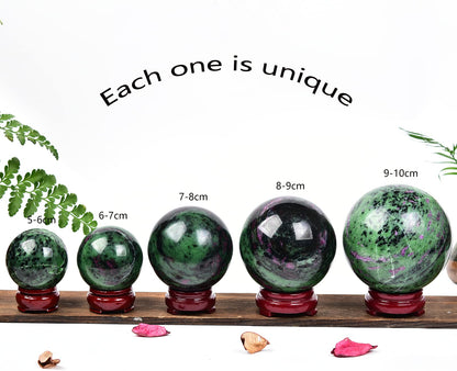 JIC Gem Crystal Sphere Ruby Zoisite Healing Ball With Wood Base - Red&Green Treasure Gemstone for Reiki Chakra Decor (70-80mm)