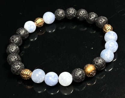 AWAKEN YOUR KUNDALINI Lava Rock & Aquamarine Stretch Bracelet – 8mm Beads, Copper Spacers