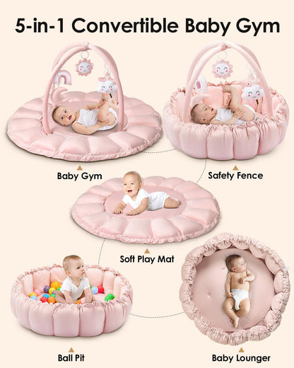Deekuiwi 5-in-1 Convertible Baby Gym Play Mat with Hanging Toys, Soft Padded Activity Center & Ball Pit, Plush Tummy Time Mat for Newborns to Toddlers, Machine Washable, Pink