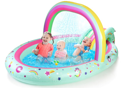 SULIFEEL Rainbow Unicorn Inflatable Play Center Kiddie Pool with Slide and Sprinkler for Children, 96''x59''x39''in Baby Pool for Backyard and Garden