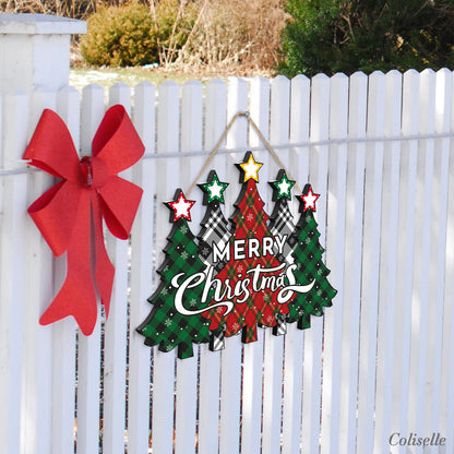 Wooden Merry Christmas Door Sign,Christmas Tree Door Wreath for Front Sign Wall Signs,Decoration Farmhouse Hanging Plaque,Hanging for Home Wall Decor Party(Red)