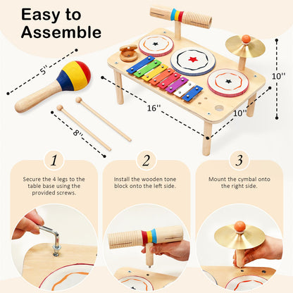 WINYGZ 9-in-1 Baby Drum Set, Low Noise Montessori Musical Instruments for Toddlers 1-3, Safe & Durable Wooden Music Toys for Quiet Sensory Play at Home, Great Birthday for Boys Girls