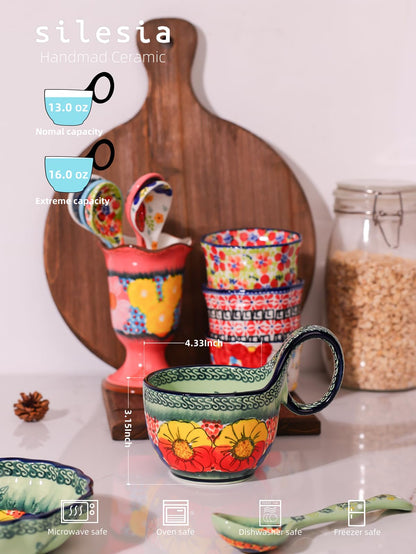 silesia Handmade Loop Handle Soup Bowl, Plate and Spoon Set Ceramic Hand Painted Cereal Bowl Great for Soup, Ice cream, Snack, Stew in Gift Box, Dishwasher & Microwave Safe, Glazed Green