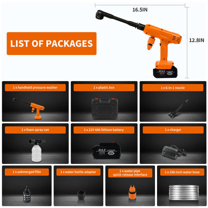 VLAIAN Cordless Pressure Washer,1200PSI Portable Power Washer with 4Ah Battery&Charger,6-in-1 Nozzle,5 Meter Hose,Handheld High-Pressure Car Washer for Cars/Yard/Home/Floor (Orange)