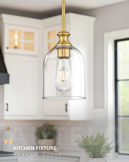 Autelo Gold Pendant Lights, 1-Light Pendant Lights Kitchen Island in Brushed Gold Finish with Clear Cylinder Glass, Vintage Pendant Light Fixtures, Vintage Hanging Lights for Kitchen Island H2511 CLBG